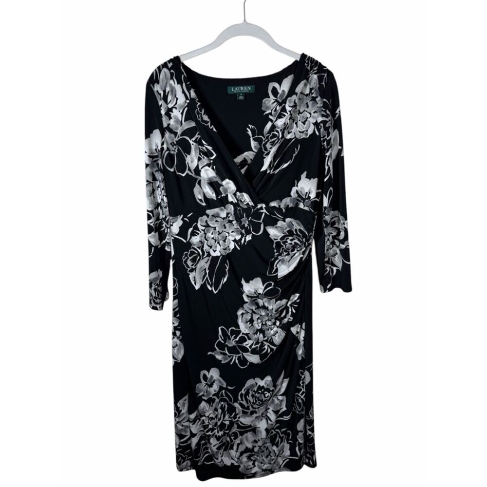 Lauren Ralph Lauren Ruched Faux Wrap Dress Size 10 Black Floral V Neck Stretch